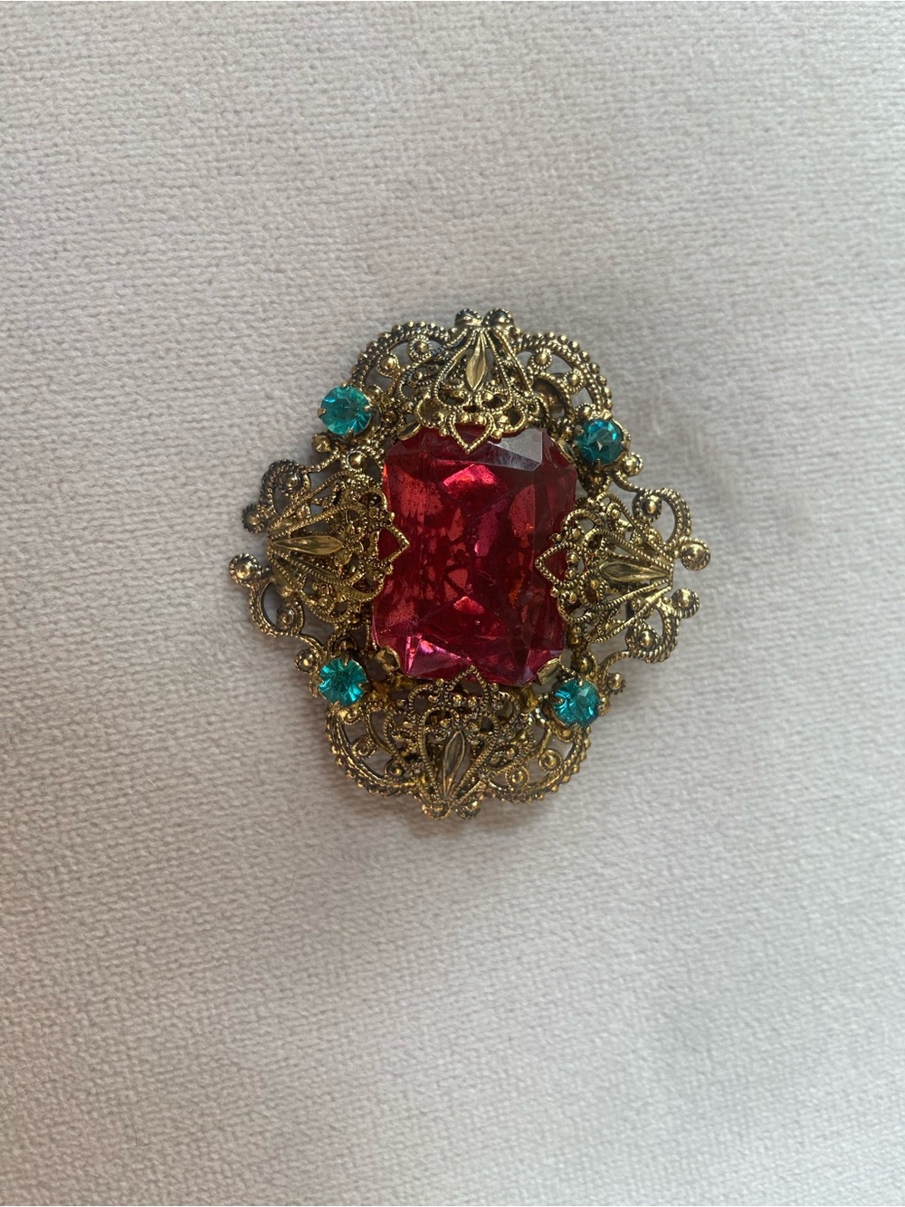 Stanley Gold Filigree Brooch with Ruby Red Center and Aqua Accents